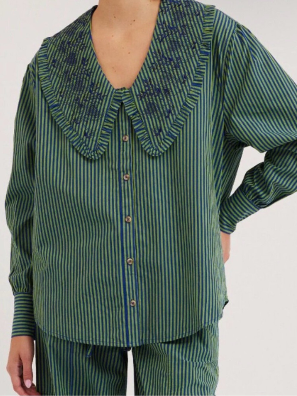 Damson Madder Cotton Fontaine Blouse Blue/Green Stripes Cottagecore
